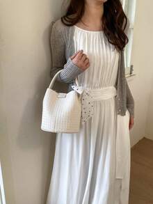 Women's Bucket Handbag, Fashionable Versatile Elegant Solid Color Striped White Bag With Scarf, Suitable For Shopping And Commuting, Includes Small Pouch - White - View 3