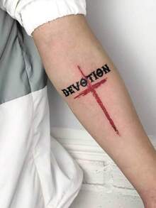 1 Pc Bold "Devotion" Gothic Lettering With Red Cross Temporary Tattoo Sticker, Waterproof Long Lasting Fake Tattoo, Mystical Streetwear Body Art For Forearms & Wrists - Multicolor - View 4