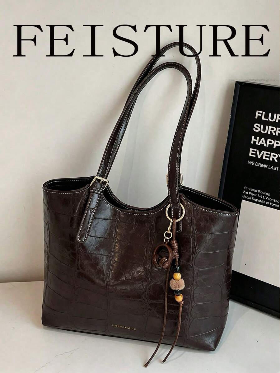 Tas Bahu Kapasitas Besar untuk Perjalanan Sehari-hari, Tas Tote Motif Buaya Retro, Penutup Magnetik, Dengan Liontin, Cocok untuk Jalan-jalan Sehari-hari, Kencan, dan Perjalanan.