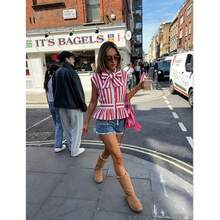 ZAHM Red And White Striped Bow Collar Sleeveless Ruffle Top Summer - Red - View 6