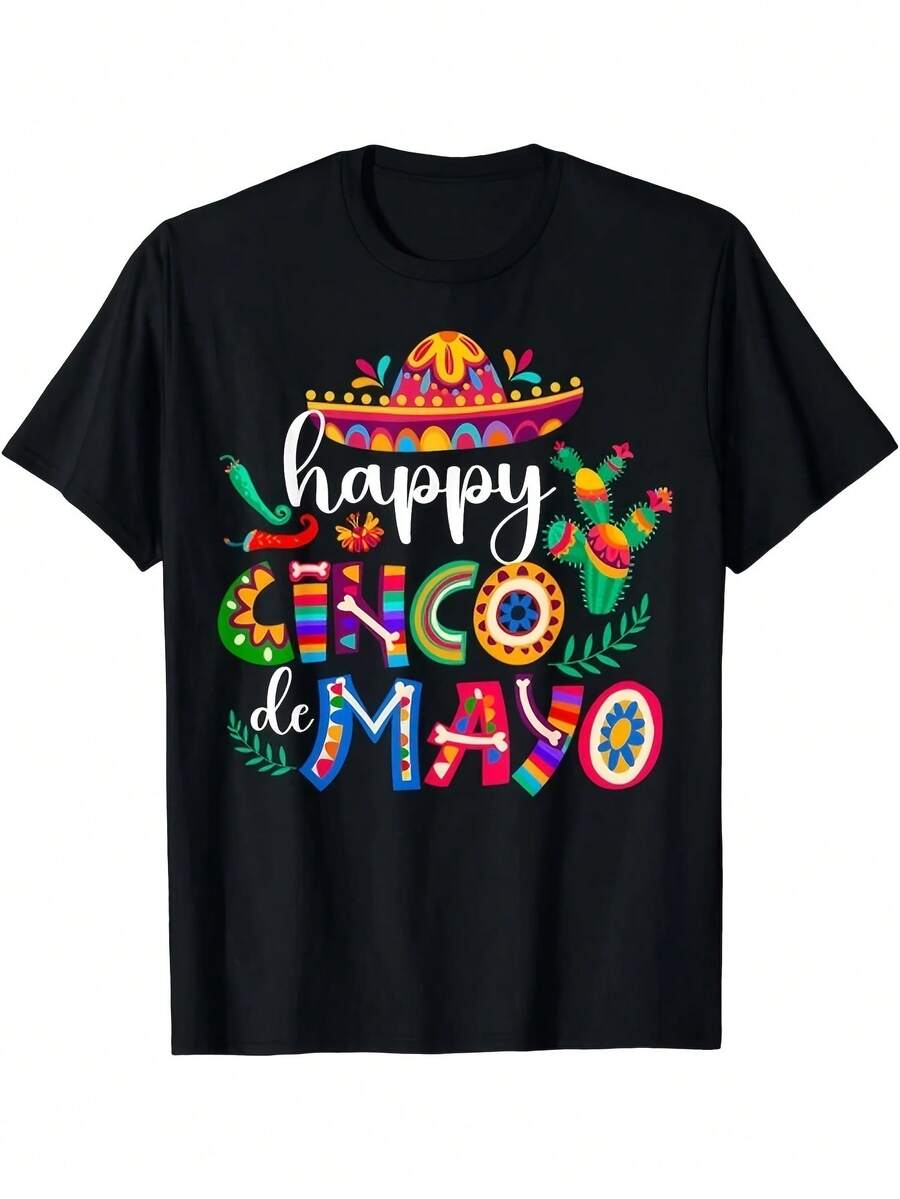 Camiseta Unisex para el Festival del Cinco de Mayo Mexicano, Cómoda, Estampada, de Manga Corta, Adecuada para Todas las Temporadas, para Actividades Diarias al Aire Libre - Negro - Ver 1
