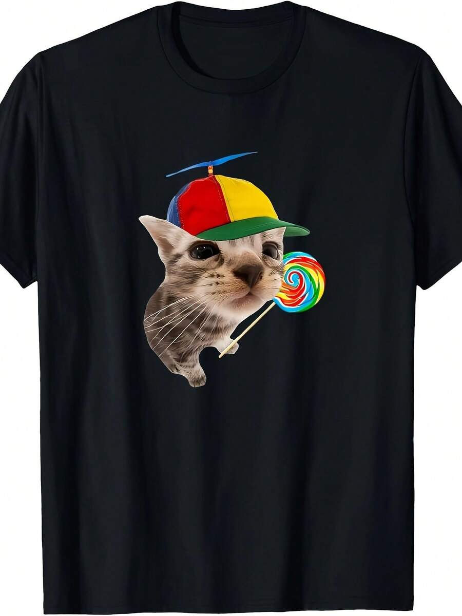 Silly Cat With Lollipop Meme T-Shirt100% - 180g - Black - View 1
