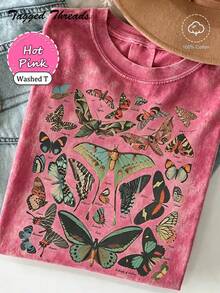 100% Cotton Vintage Butterfly & Moth Shirt Cottagecore Aesthetic Tee, Nature Lover Gift Comfortable T-Shirt Unisex Women's & Men's Campus Daily Wear - Washed T - Red - 查看 1