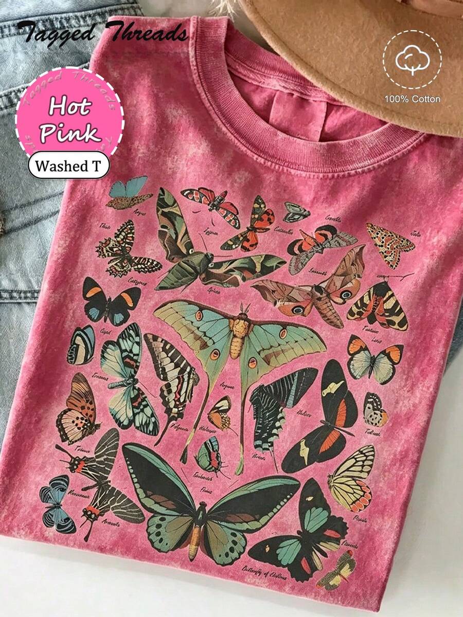100% Cotton Vintage Butterfly & Moth Shirt Cottagecore Aesthetic Tee, Nature Lover Gift Comfortable T-Shirt Unisex Women's & Men's Campus Daily Wear - Washed T - Red - 查看 1
