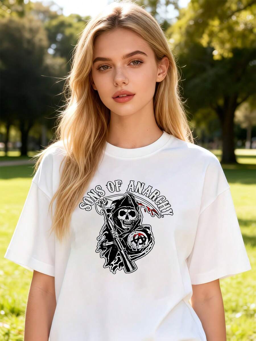 Women's Pure Cotton Short Sleeve T-Shirt Casual Summer Graphic Print Sons Of Anarchy Skeleton Pattern Oversized Loose Fit Tee - White - View 1
