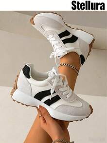 2026 New Retro Suede Sneakers Women, Blue White Casual Lace-Up Trainers, Comfortable Non-Slip Chunky Sole Running Shoes - trắng - Xem 2