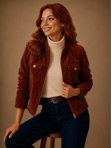 Women's Corduroy Jacket With Zipper, Casual Style, Elegant, Winter Fashion, Fluffy Velvet Zipper, Night, Vacation, School, Office, Daily. - 鏽棕色 - 查看 6