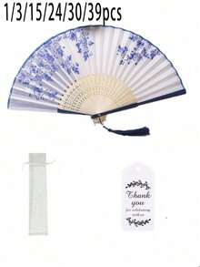 1/3/15/24/30/39 piezas Abanico plegable de porcelana azul y blanca con flores, personalizado con nombre y aniversario, con borla, juego de boda para ella/él, regalo para fiesta de boda, incluye abanico, tarjeta de agradecimiento, borla y bolsa de malla - Multicolor - View 1