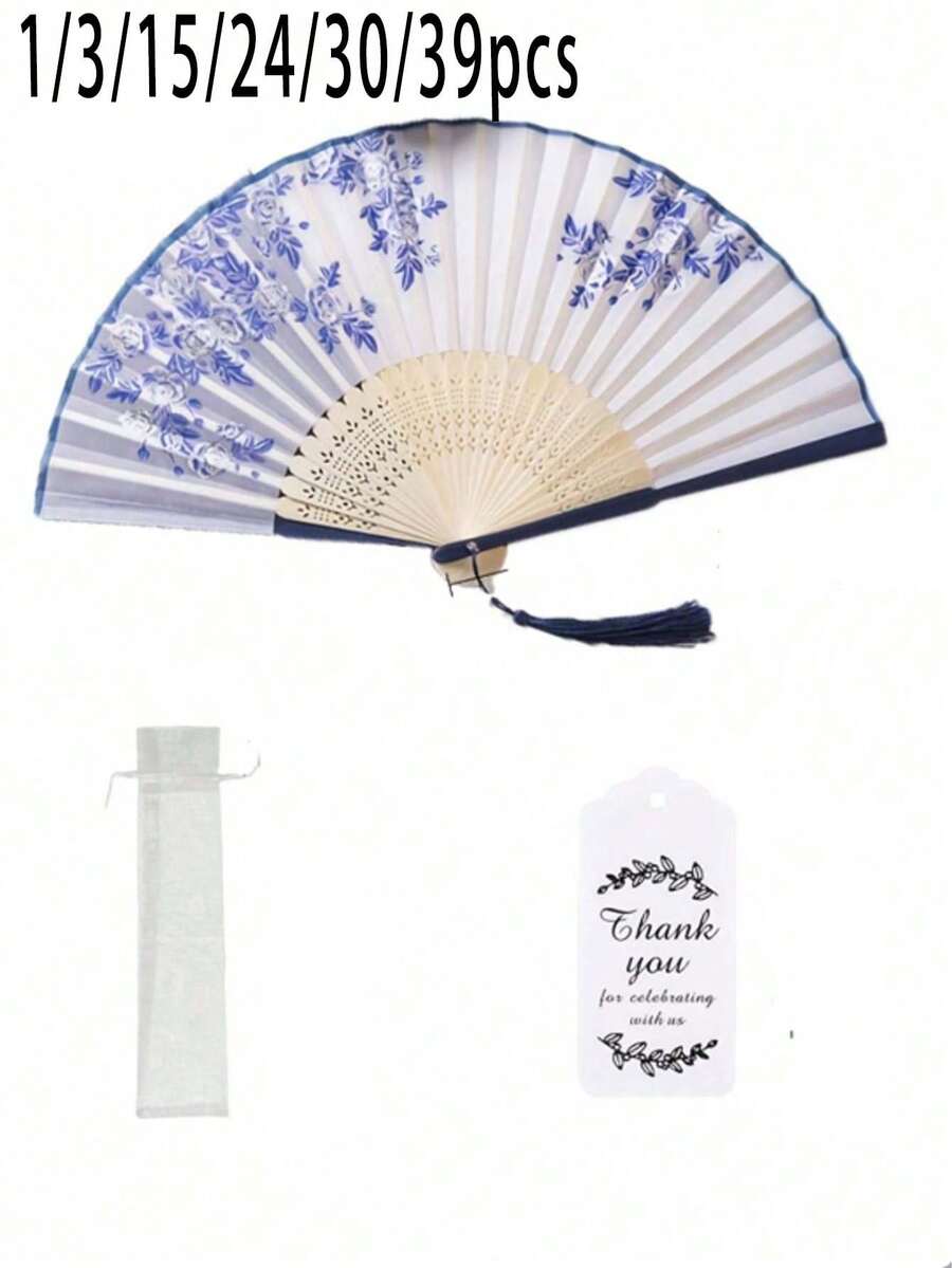 1/3/15/24/30/39 piezas Abanico plegable de porcelana azul y blanca con flores, personalizado con nombre y aniversario, con borla, juego de boda para ella/él, regalo para fiesta de boda, incluye abanico, tarjeta de agradecimiento, borla y bolsa de malla - Multicolor - View 1