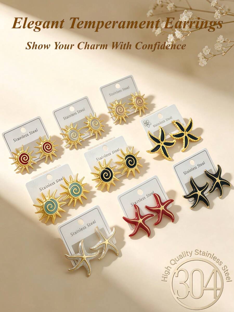2/12/18pcs French Elegant Charming Enamel Bead Earrings, Black & Gold Stainless Steel Earring Set, Includes Sparkling Sun Earrings And Geometric Starfish Earrings. Colorful Series Oil Drop Earrings. Elegant Earrings, Suitable For Daily Wear, Party/Daily/Beach Accessories, Anniversary, Valentine's Day, Bohemian Style Jewelry, Ideal Gift For Valentine's Day - Oil Dripping Kit - View 1