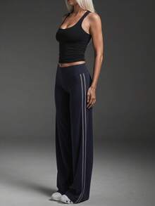 Women's Casual Slim Fit Flare Pants With Contrast Side Stripe, Suitable For Daily Commute And Sports - Black - View 6