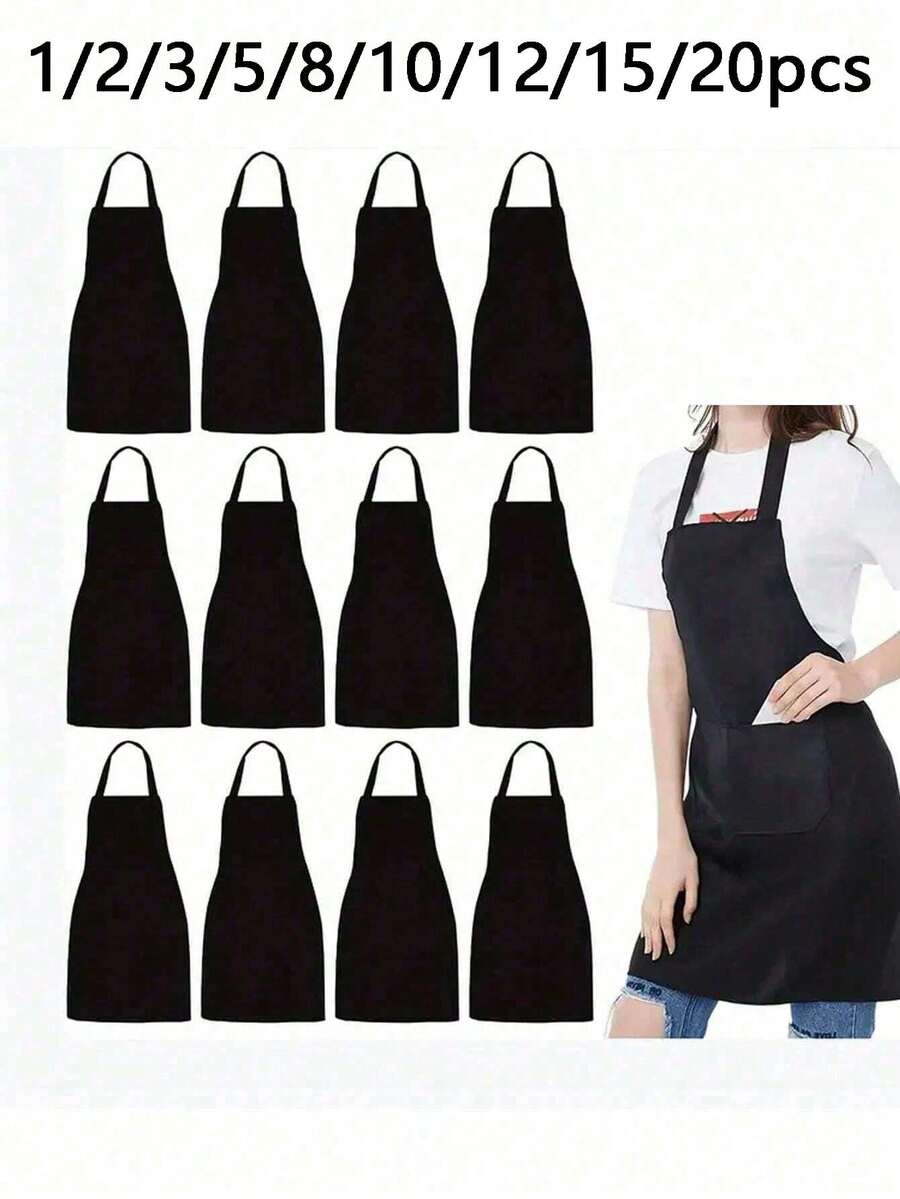 1/2/3/5/8/10/12/15/20pcs, Polyester Apron For Women,Simple Style Black Apron With Pockets, Thickened Waist Apron, Fashion Housework Kitchen Household Workwear, Kitchen Supplies - Multicolor - View 1