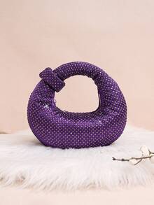 Mini Hobo Bag In A Crescent Shape, Fully Covered In Rhinestones, Integrated Circular Handle With Bow, Zipper, Various Colors, Women's Party, Wedding, Birthday Gift - 紫羅蘭色 - 查看 2