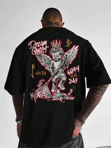 Camiseta de manga corta holgada para hombre - Estampado blanco con diseño de alas de ángel y cadena de Money, cuello redondo, estilo casual de verano, lavable aáquina, ropa de esti - Blanco - Ver 9