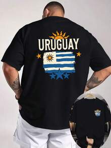 Camiseta de Hombre con Estampado de Doble Cara de la Bandera de Uruguay con Tres Estrellas, Elementos de Fútbol Sudamericano, Camiseta Holgada Personalizada para Aficionados Uruguaios - Negro - Ver 1