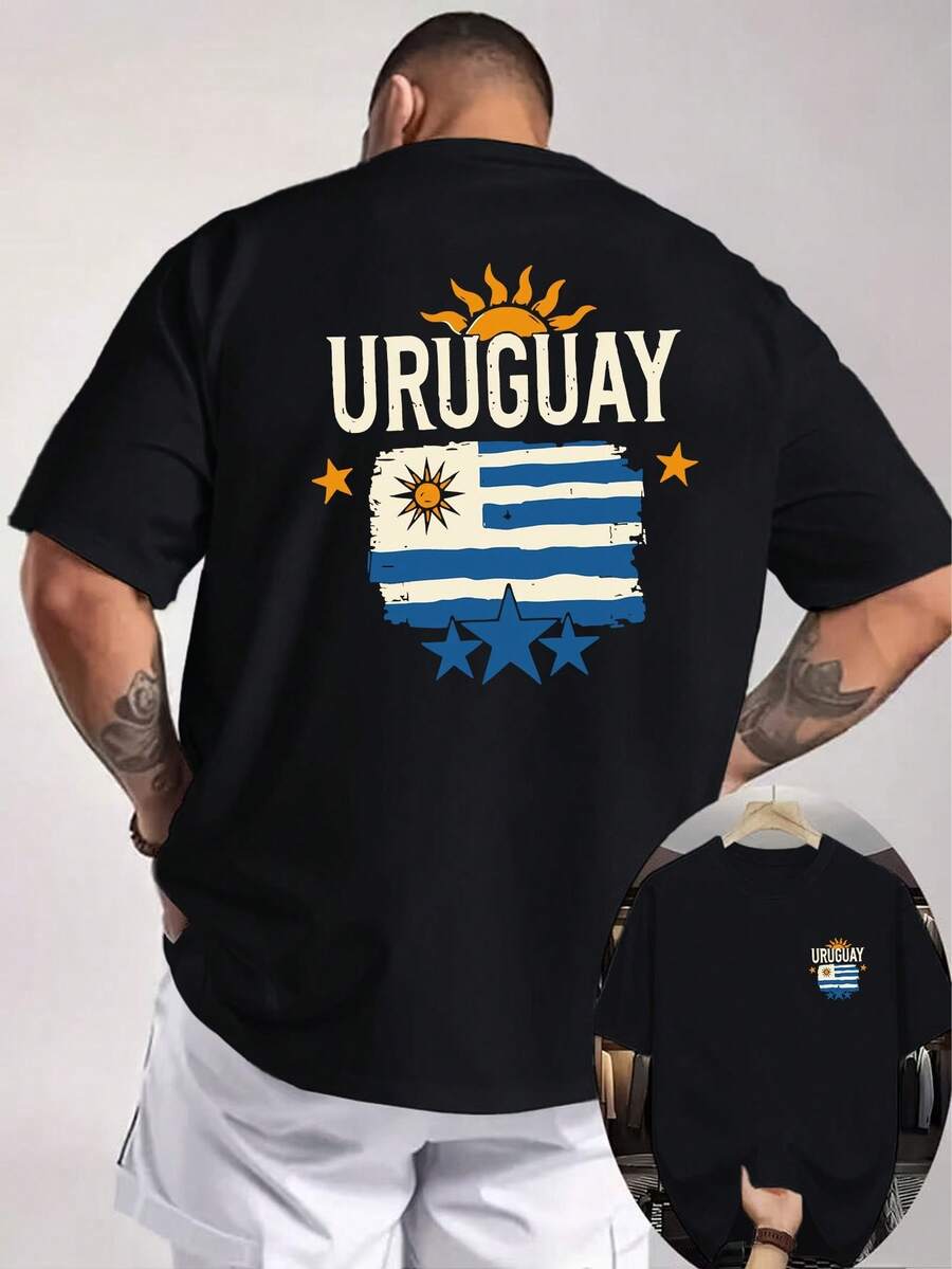 Camiseta de Hombre con Estampado de Doble Cara de la Bandera de Uruguay con Tres Estrellas, Elementos de Fútbol Sudamericano, Camiseta Holgada Personalizada para Aficionados Uruguaios - Negro - Ver 1