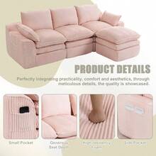 L Shaped Compressed Modular Sectional Sofa Modern Corduroy Upholstered Boneless Couches With Movable Footstool With Three Pillows And Two Lumbar Pillows Detachable Cloud Seat Cushions - Pink + Corduroy + 3 Seat1 - View 5