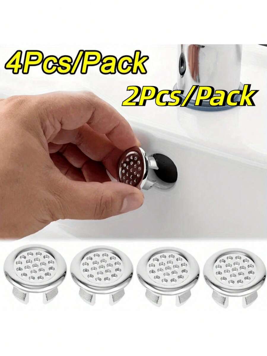 4pcs/2pcs Plastic Bathroom Kitchen Sink Overflow Cap Ring Insert Replacement Parts, Plated Hole Round Drain Cover, Sink Accessories - Silver - View 1