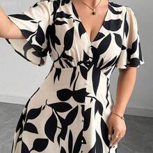 yonghongmaoyi1  Vestido de media manga con cuello en V, cintura con lazo, botones decorativos en el bajo y abertura, estilo elegante francés para uso casual - Rosa - Ver 6