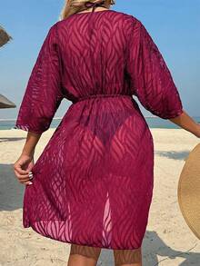 Women's Solid Color Jacquard Woven Off-Shoulder Long Sleeve Loose Fit Beach Cover-Up Vacation Summer - Burgundy - View 2