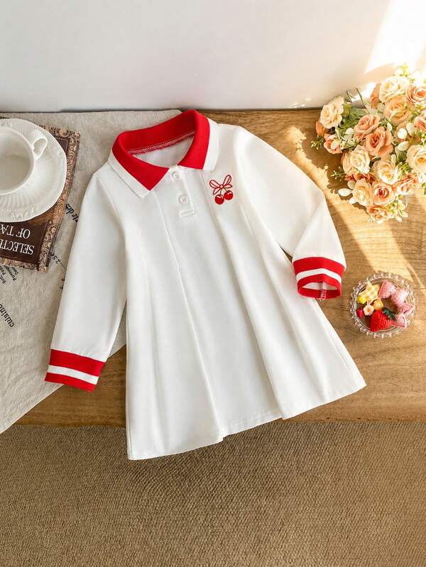 Baby Girl Preppy Polo Dress, Red And White Colorblock Design, Cherry Embroidery Playful And Cute, Waist-Cinching A-Line Silhouette Comfortable And Not Tight, Skin-Friendly Breathable Fabric, Baby Daily Outing Cute Sweet Style Dress
