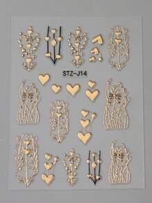 3D金箔心形美甲貼紙，金屬金心形設計，亮面自黏美甲貼花，情人節裝飾美甲用品 - 金色 - 查看 8