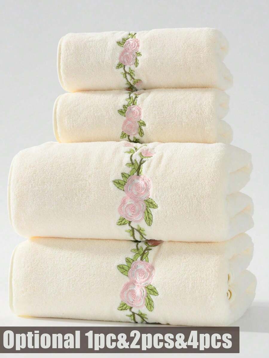 1件/2件/4件 玫瑰刺繡珊瑚絨毛巾浴巾，超柔軟、吸水、親膚、不掉毛、快乾，手巾、戶外泳池毛巾、毯子、午睡毯，成人情侶居家日常用臉部洗浴手巾，男女髮乾毛巾 70*140cm 浴室浴巾，34*75cm 面巾或特大號 90*170cm 浴巾，40*80cm 毛巾 - 米色 - 查看 1