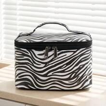 1pc High Street Style Zebra Print Makeup Bag, Black And White Classic Pattern, Large Capacity Handheld Design, Essential Travel Storage Bag For Students - Multicolor - View 2