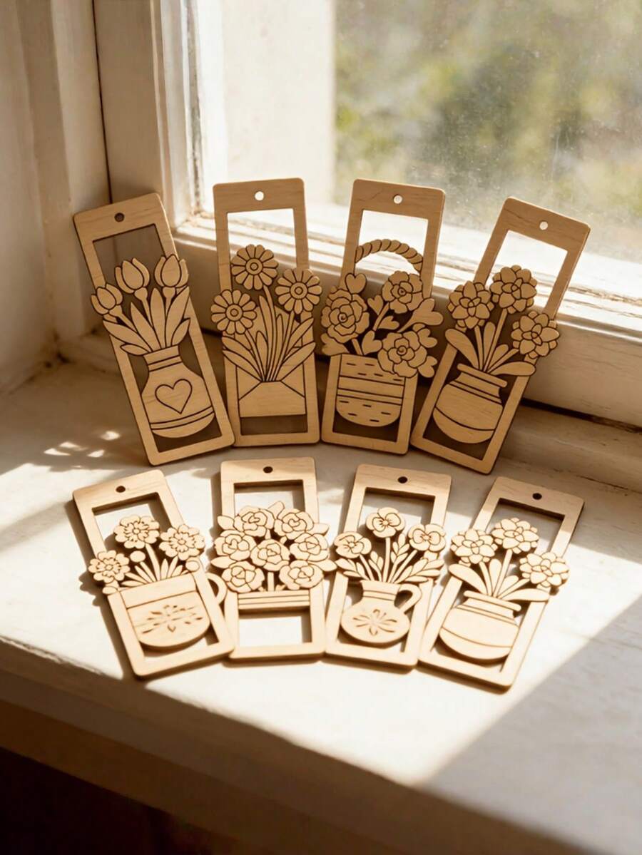 8pcs Natural Wooden Hollow Bookmarks, Blank Wooden Floral Bookmark Set, Can Be Hand-Painted And Colored, Student Reading Gift, Home Decor, DIY Paintable And Suitable For Aromatherapy, Study Room Desk Decor Ornament - Multicolor - View 1