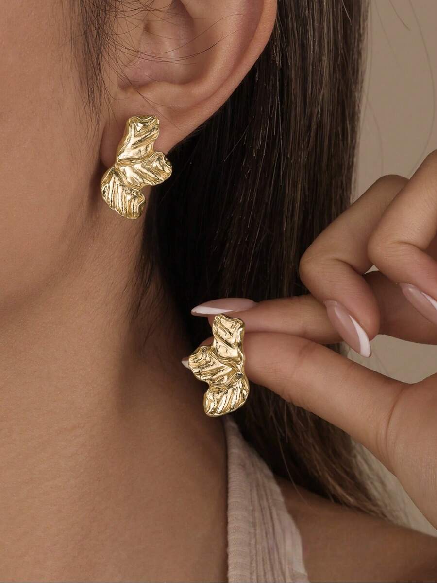 1 Đôi bông tai đinh tán hình bán hoa tối giản bằng kim loại, thiết kế cánh hoa sáng tạo, thanh lịch và thời trang, lựa chọn quà tặng chu đáo dành cho phái nữ, phù hợp cho phụ nữ đeo hàng ngày, dự tiệc và các sự kiện. - Vàng - Xem 1