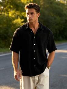 Men's Casual Short-Sleeve Shirt, Loose And Lightweight In Cotton, Basic Style For Summer - Black - View 3