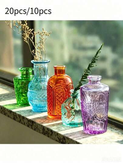 20pcs/10pcs/1pc Colorful Vintage Glass Vases - Assorted Small Glass Vases, Single Vase, Bulk, Vintage Carved Vases, Hand-Blown Transparent Glass, Thickened Base, Suitable For Fresh Flowers/Dried Flowers - Madrid Style Table Decor, Wedding Centerpiece, Party, Wedding Decoration, Office, Home, Bohemian Style Shelf Decor, Floral Display, Mini Glass Vases, Vintage Home Decor