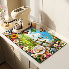 1pc Dish Drying Mat, Coffee Machine Mat, Pastoral Wooden Fence Floral Butterfly Print, Durable, Excellent Water Absorption, Suitable For Dining Table, Cafe And Other Scenes, Create Natural Fresh Atmosphere, Multipurpose Drainage Mat, Home Gift, Tabletop Decor - XYLSD-469 - View 3