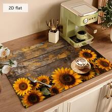 1pc Dish Drying Mat, Coffee Machine Mat, Vintage Distressed Wood Board Sunflower Print Polyester Fiber Drain Mat, Highly Absorbent, Durable, Suitable For Dining Table, Cafe And Other Scenes, Multi-Purpose Drainage Mat, Home Gift, Tabletop Decor - XYLSD-474 - View 4