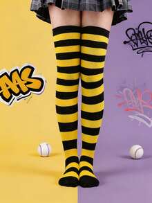 1-Pair Women's Yellow And Black Striped Over-The-Knee Socks, Suitable For Parties And Carnival, And Comfortable - Multicolor - View 6