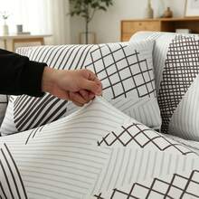 1pc Geometric Pattern Elastic Full Coverage Sofa Cover With 1pc Pillowcase, Modern Style Polyester Fabric, Machine Washable, All Seasons - Black and White - View 4