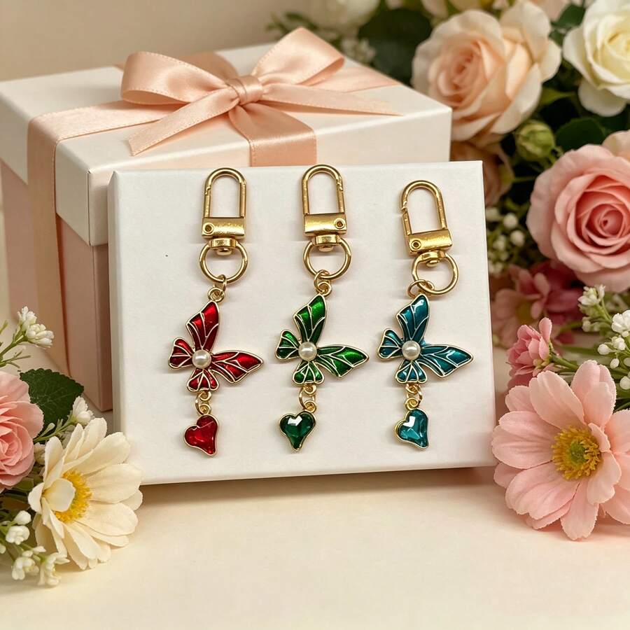 1pc Cute Animal Keychain Purple Butterfly Flower Crystal Key Ring Pendants For Handbag Mobile Phone Decoration Key Chains For Women Men Gifts Jewelry - Multicolor - View 1