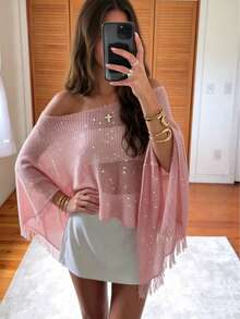 Áo khoác ngoài gợi cảm đính sequin tua rua trễ vai dành cho nữ, trang phục đi biển. - Màu Hồng baby - Xem 2