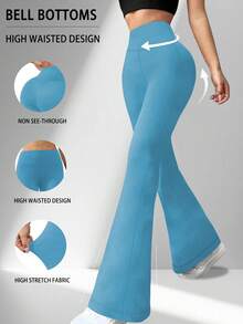 Pantalones acampanados súper suaves para mujer, de cintura alta, control de abdomen, para entrenamiento, yoga, push-up, gimnasio, fitness, leggings largos, pantalones de campana - Azul cielo - Ver 1