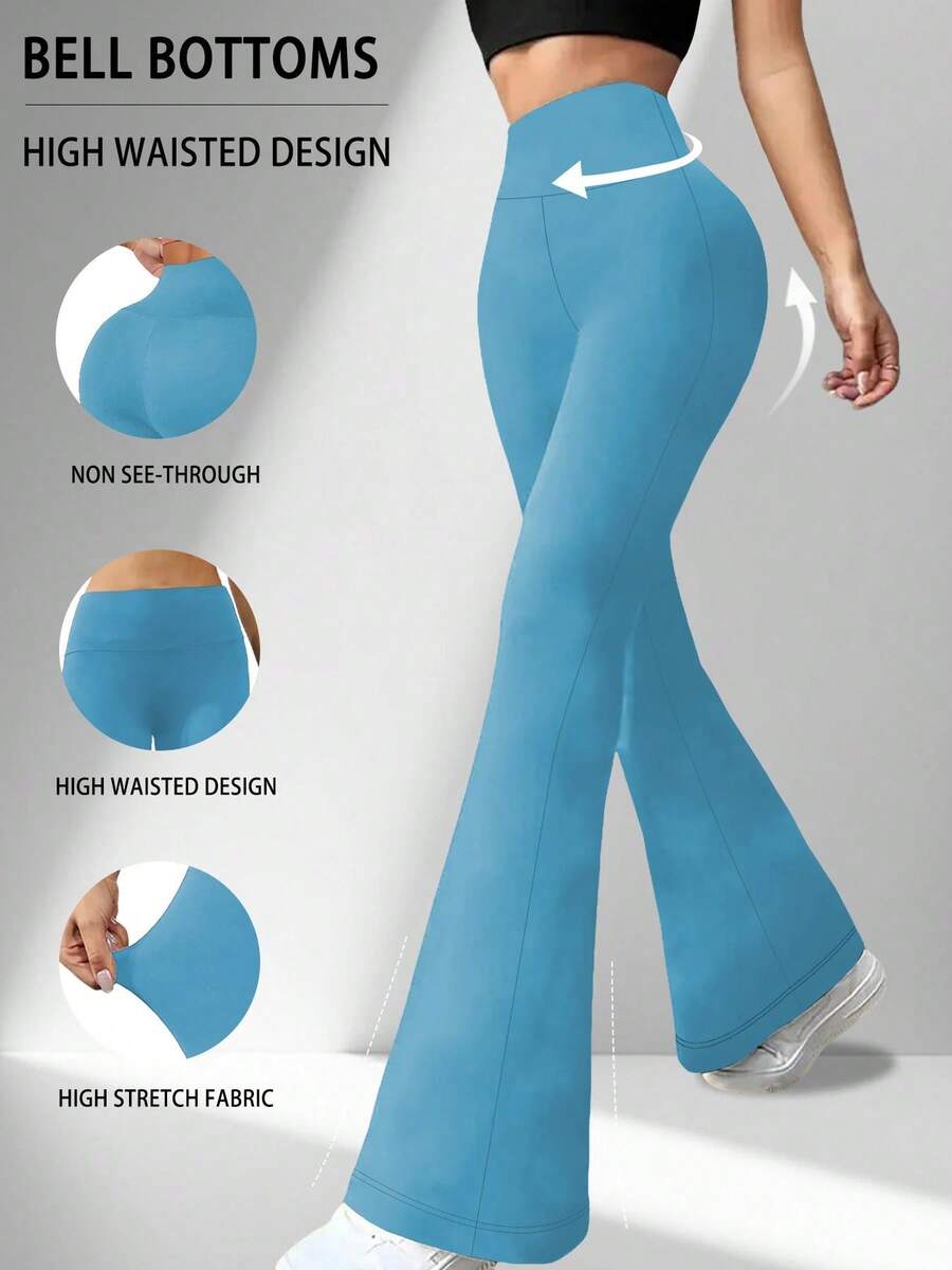 Pantalones acampanados súper suaves para mujer, de cintura alta, control de abdomen, para entrenamiento, yoga, push-up, gimnasio, fitness, leggings largos, pantalones de campana - Azul cielo - Ver 1