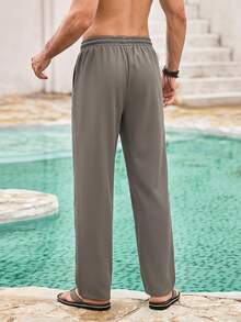 Men's Solid Color Drawstring Waist Straight Leg Casual Pants, Versatile, Fall , Suitable For Summer Tropical Holiday Vacation In Hawaii. - Grey - View 2