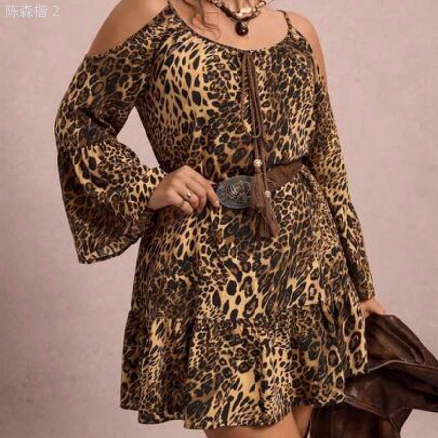 xuehuamaoyi02 Freevana Vestido sexy para fiesta y citas de noche para mujer talla grande con estampado de leopardo, hombros descubiertos y drapeado - Marrón - Ver 1