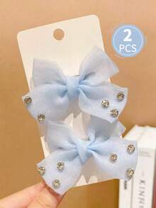 2pcs Girls Multicolor Faux Pearl Bow Hair Clips - Blue and White - View 1
