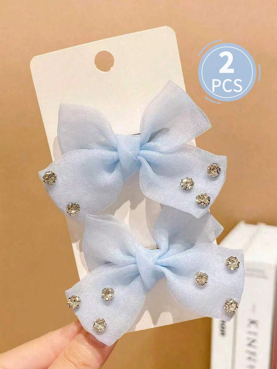 2pcs Girls Multicolor Faux Pearl Bow Hair Clips - Blue and White - View 1
