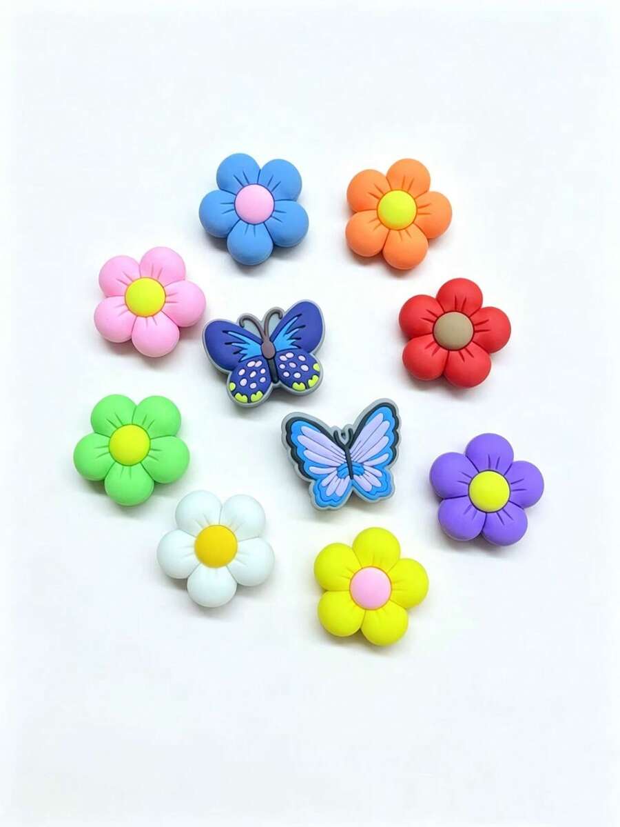 10pcs Cute Flower & Butterfly Shoe Charms, Colorful PVC Clog Shoe Decor Accessories, DIY Shoe Flowers Party Favors - Multicolor - View 1