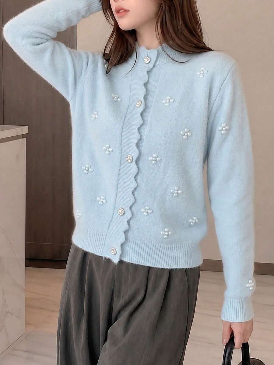 JIANHU 韩式针织开衫 - 浅蓝色毛衣，饰有3D立体花卉图案和荷叶边纽扣，可爱高领外套，适合日常和办公穿着，秋冬季 - 藍色 - 查看 1
