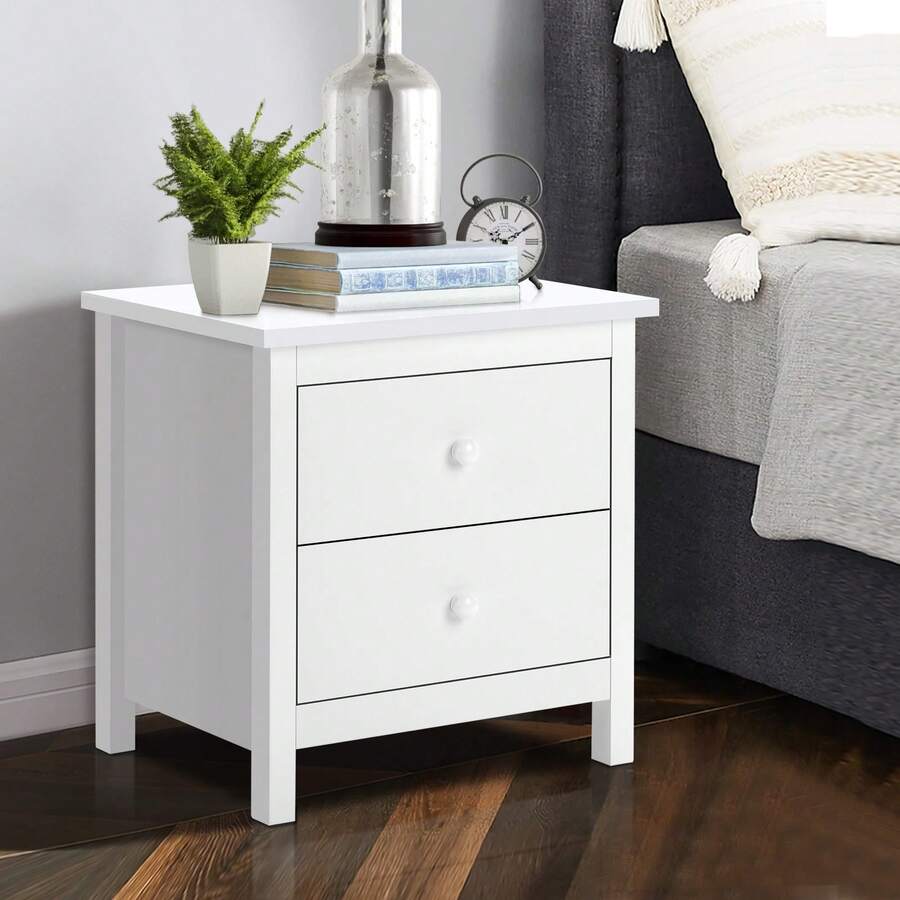 ELFORDSON Bedside Table Hamptons Nightstand Storage Side End 2 Drawers White/Black - White - View 1