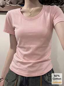 女款粉色純色修身短袖T恤，休閒百搭圓領上衣，舒適百搭層搭夏季T恤 - 粉色 - 查看 1