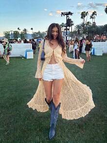 Áo khoác kimono dệt kim mỏng nhẹ dáng lửng phong cách bohemian gợi cảm dành cho nữ của HoloChill, trang phục mùa hè, trang phục lễ hội, trang phục dự tiệc, trang phục đi biển, áo kiểu thanh lịch. - Màu Mù tạt vàng - Xem 3