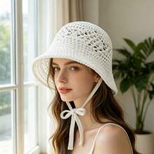 Women Crochet Bucket Hat Solid Color Cutout Breathable Knitted Beach Hat Sun Hat Spring Summer Bucket Caps - 白色 - 查看 2